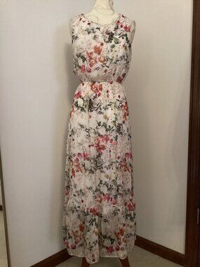 NEW! Lara G. Silk Blend Pastel Floral Print Maxi Nap Dress Ruffle Hem M BOHO
